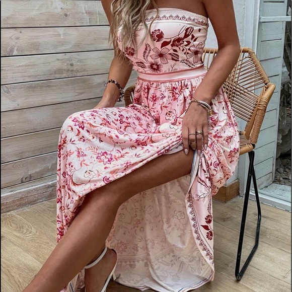 Boho Pink Floral Print Tube Maxi Dress - Picture 6 of 11